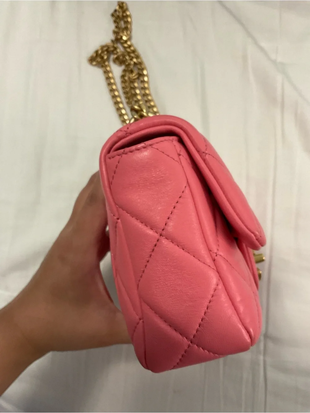 22P Pink Enamel Lambskin Quilted Pending CC Small Square Flap Aged Gold Hardware